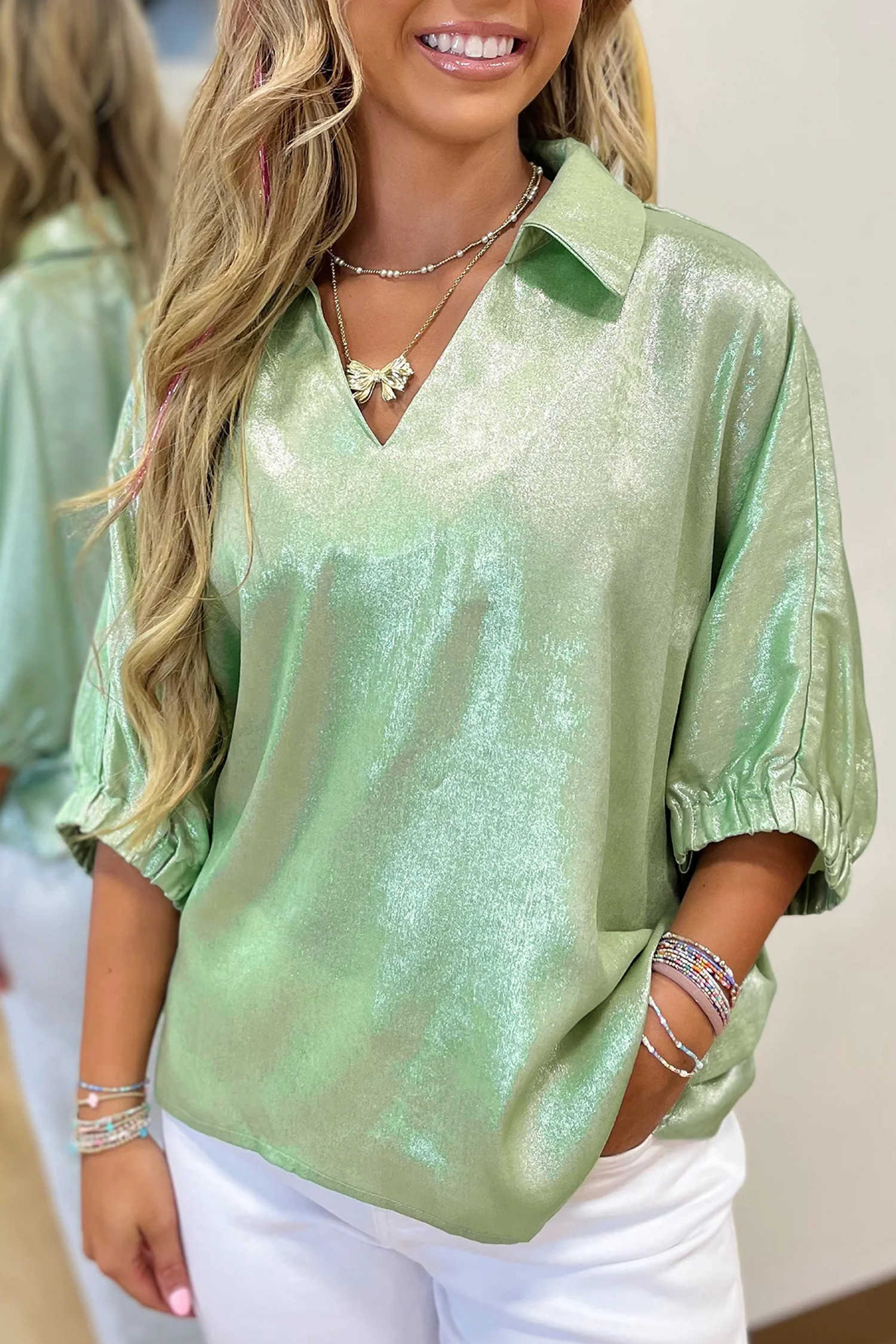 Clearly Aqua Collared V Neck Half Sleeve Metallic Top