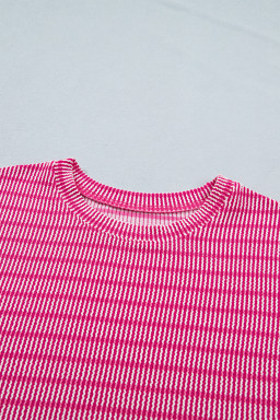 Rose Stripe Raised Rib Loose Tee Drawstring Elastic Waist 2pcs Short Set