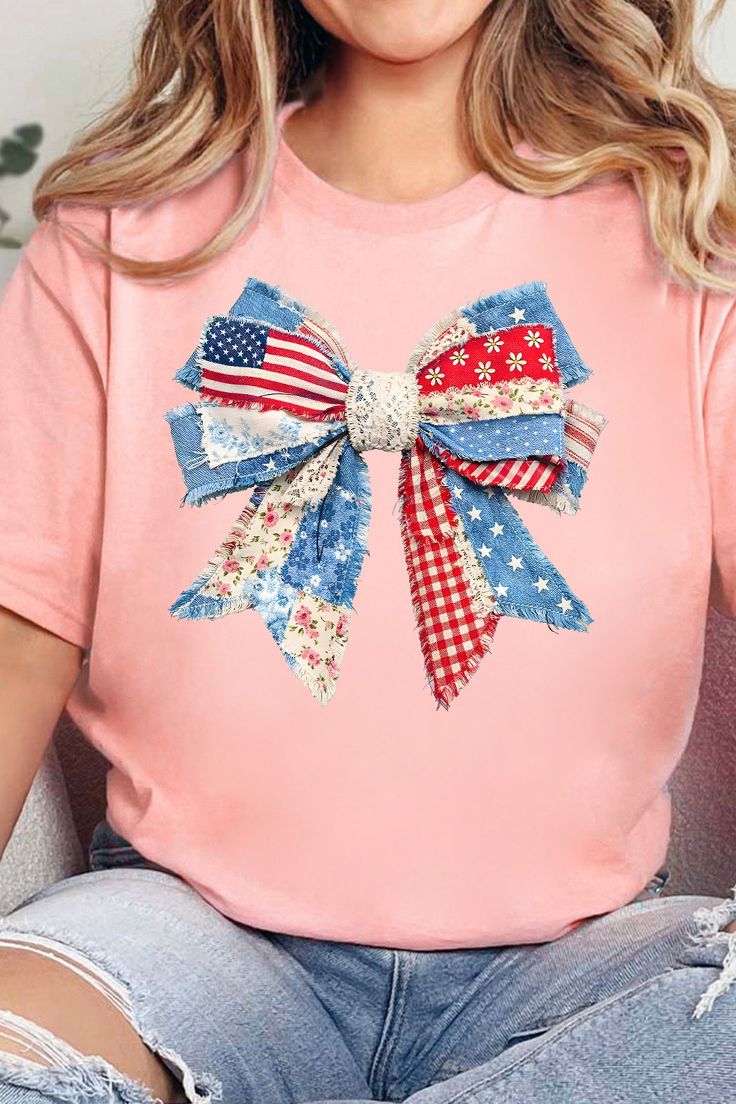 Pink Patriotic Bow Printed Womens Casual Tee