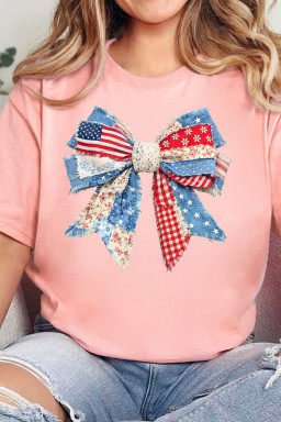 Pink Patriotic Bow Printed Womens Casual Tee