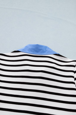 Black Stripe Short Puff Sleeve Color Block Polo Collar Blouse