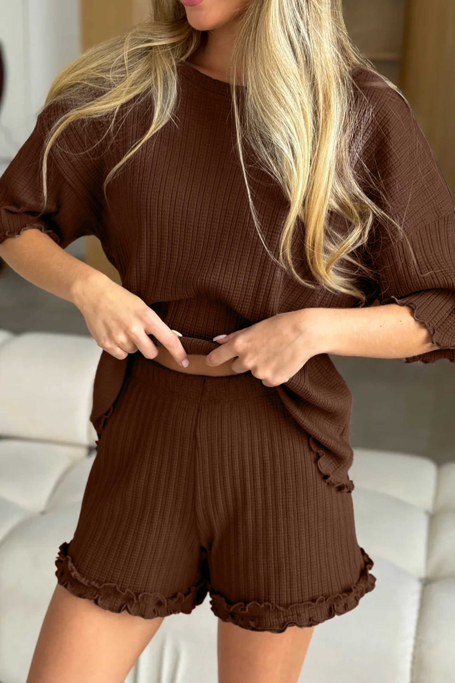 Dark Brown Textured Ribbed Knit Lettuce Trim 2pcs Lounge Set