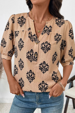 Apricot Floral Print Half Button Puff Sleeve Blouse