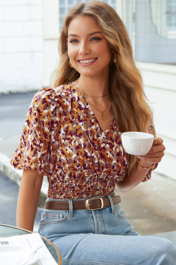 Brown Abstract Print V Neck Smocked Babydoll Blouse