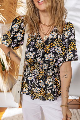 Black Floral Print V Neck Smocked Babydoll Blouse