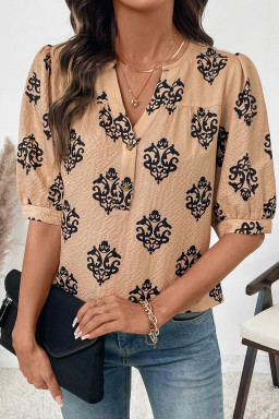 Apricot Floral Print Half Button Puff Sleeve Blouse