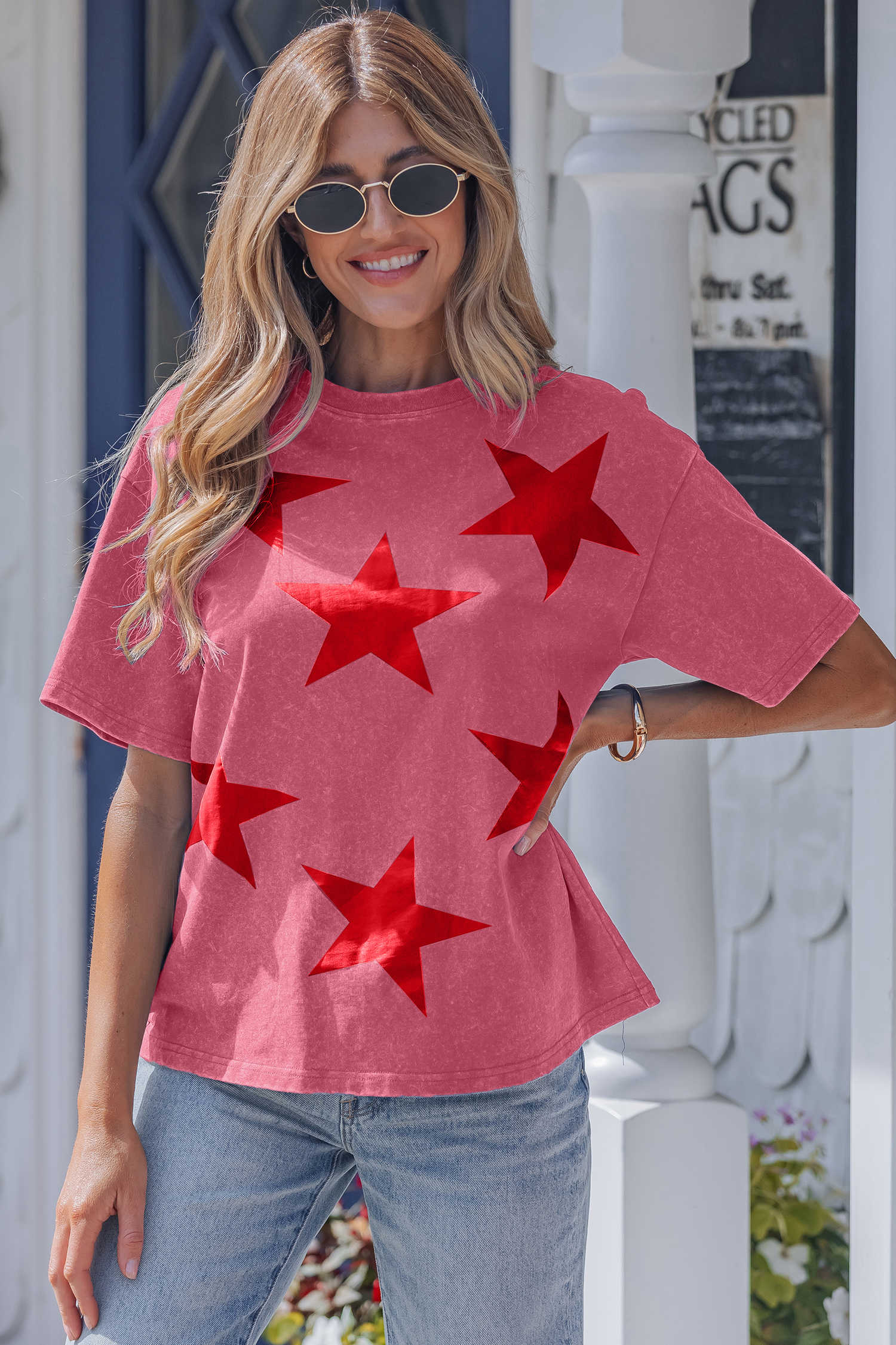 Red Independence Day Star Printed Mineral Wash T Shirt