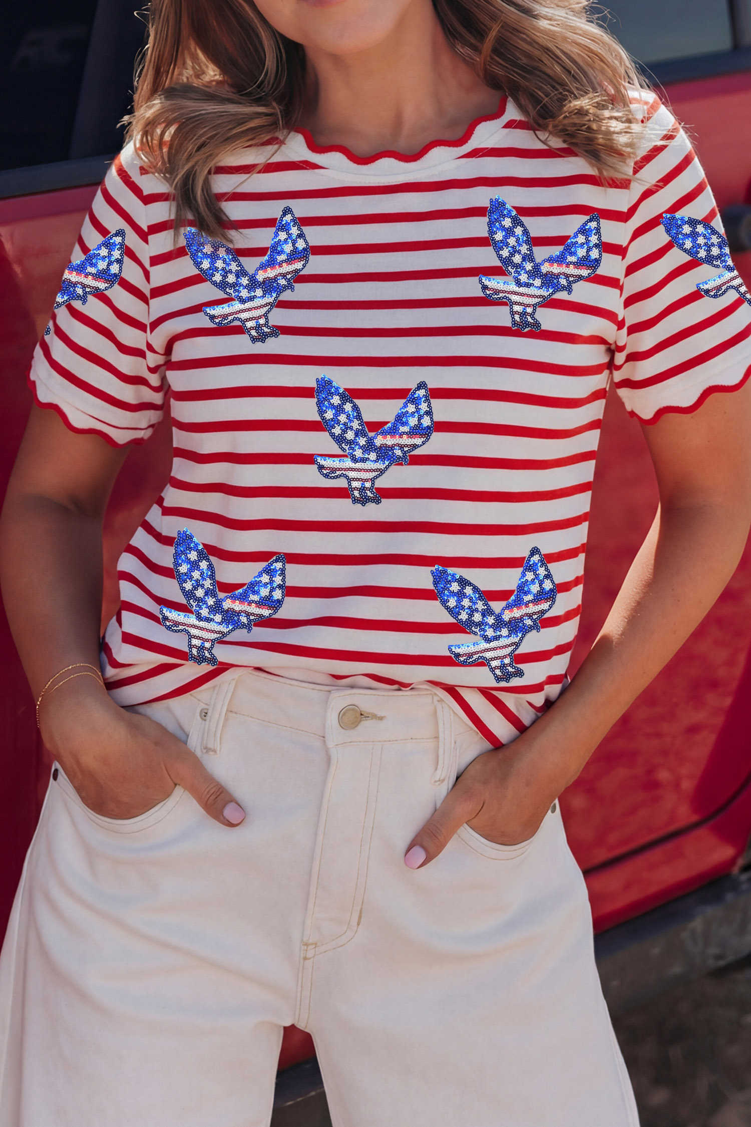 Red Stripe Patriotic Eagle Sequin Striped T-Shirt