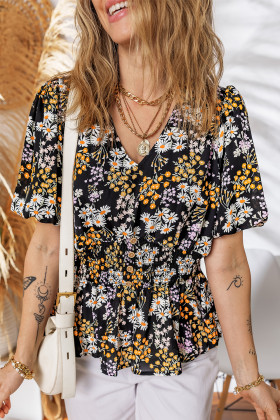 Black Floral Print V Neck Smocked Babydoll Blouse