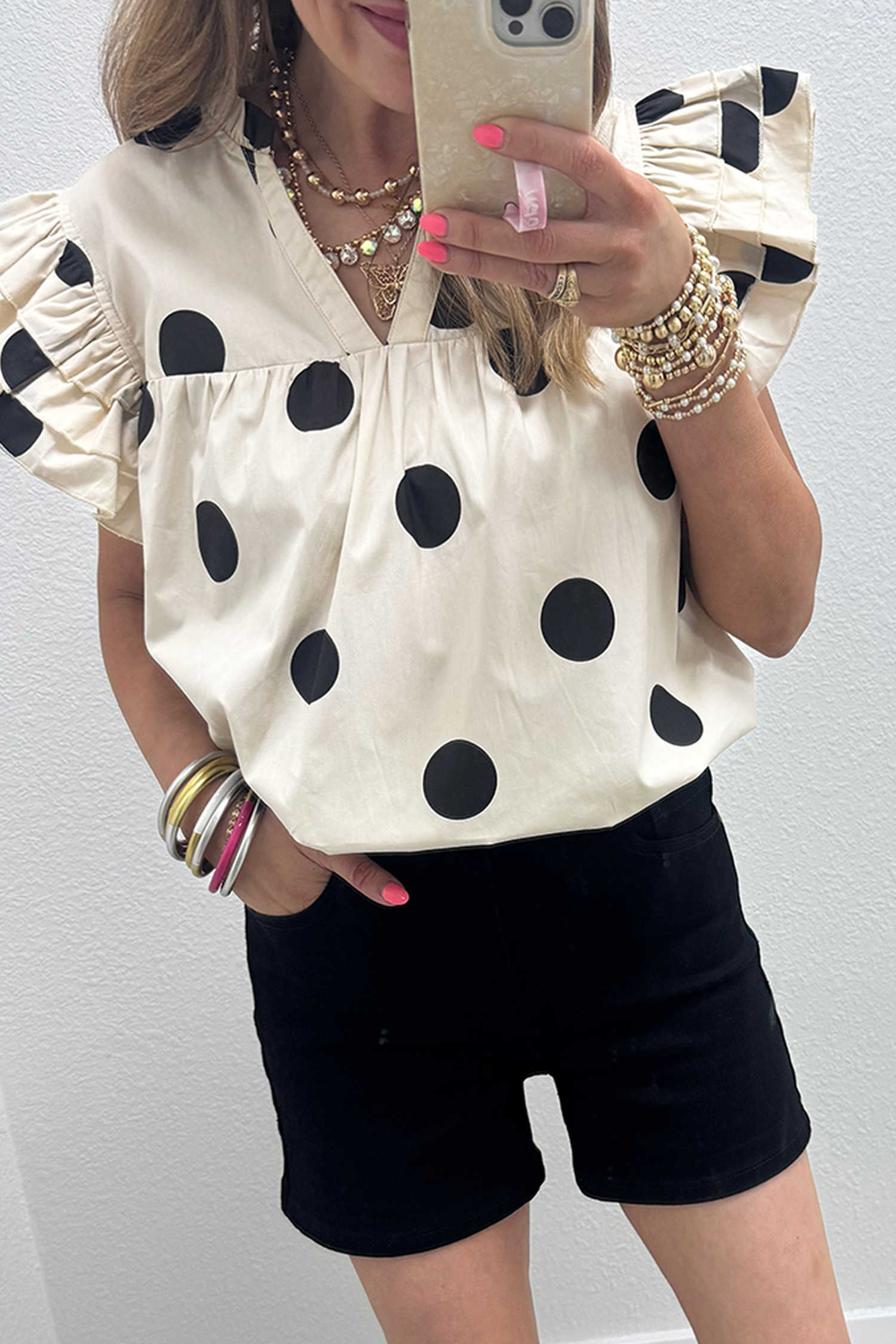 Apricot Casual Polka Dot V-Neck Ruffle Short Sleeve Shift Blouse