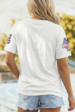 White Patriotic Sequin Butterfly Casual T Shirt