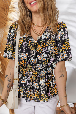 Black Floral Print V Neck Smocked Babydoll Blouse