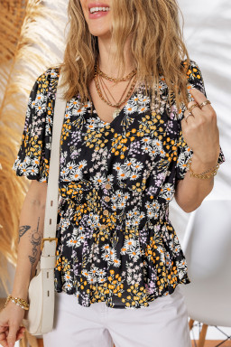 Black Floral Print V Neck Smocked Babydoll Blouse