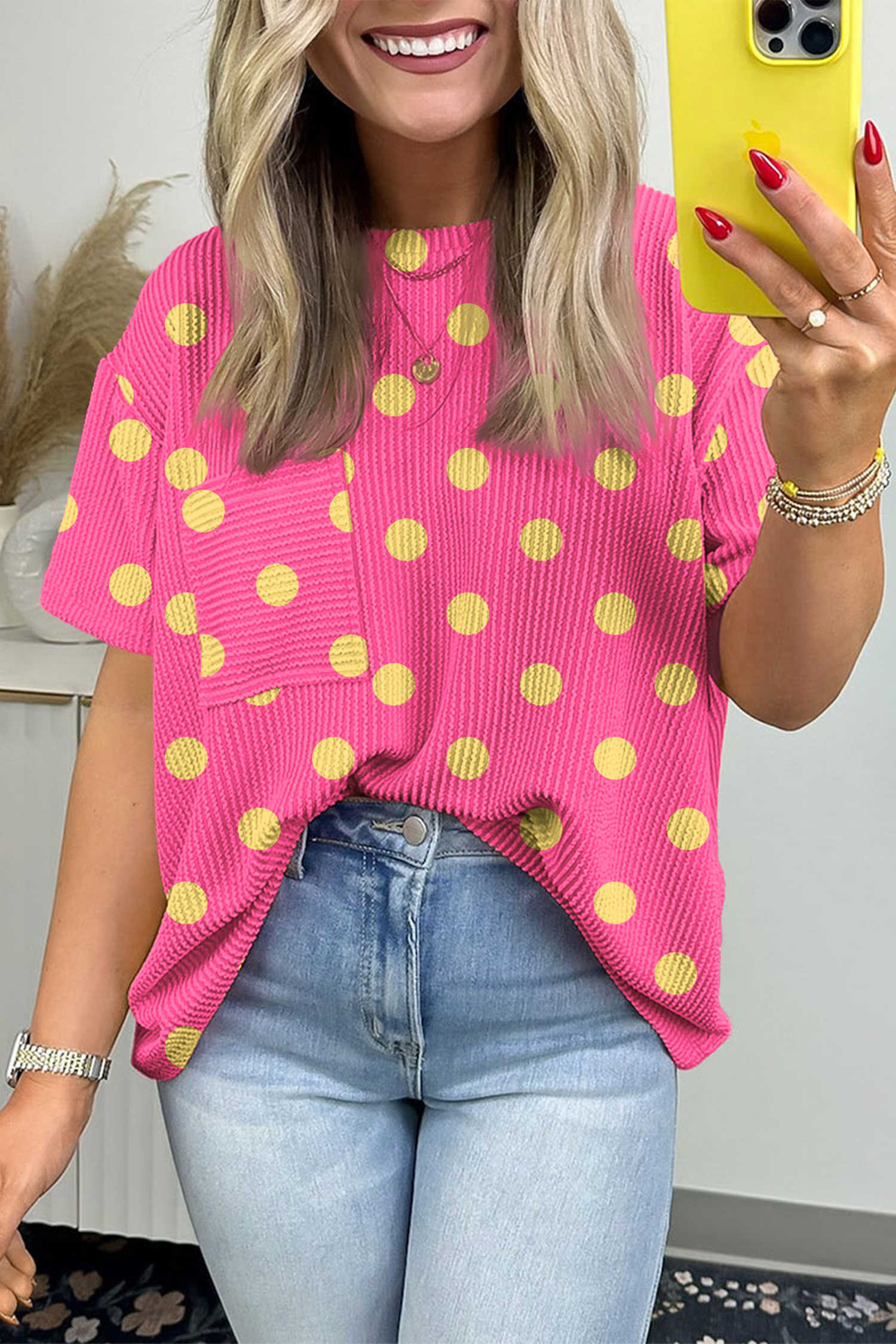 Pink Polka Dot Round Neck Drop Shoulder Patch Pocket Jacquard Texture Top