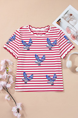 Red Stripe Patriotic Eagle Sequin Striped T-Shirt