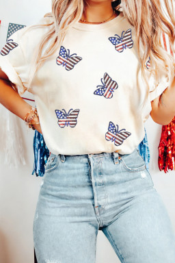 White Patriotic Sequin Butterfly Casual T Shirt