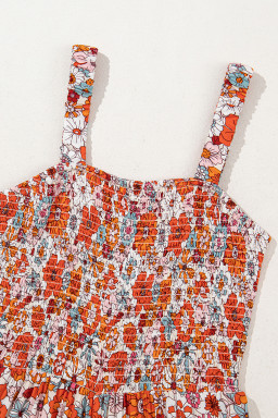 Orange Floral Print Sleeveless Smocked Shift Jumpsuit