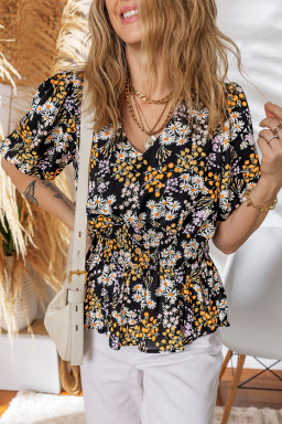 Black Floral Print V Neck Smocked Babydoll Blouse