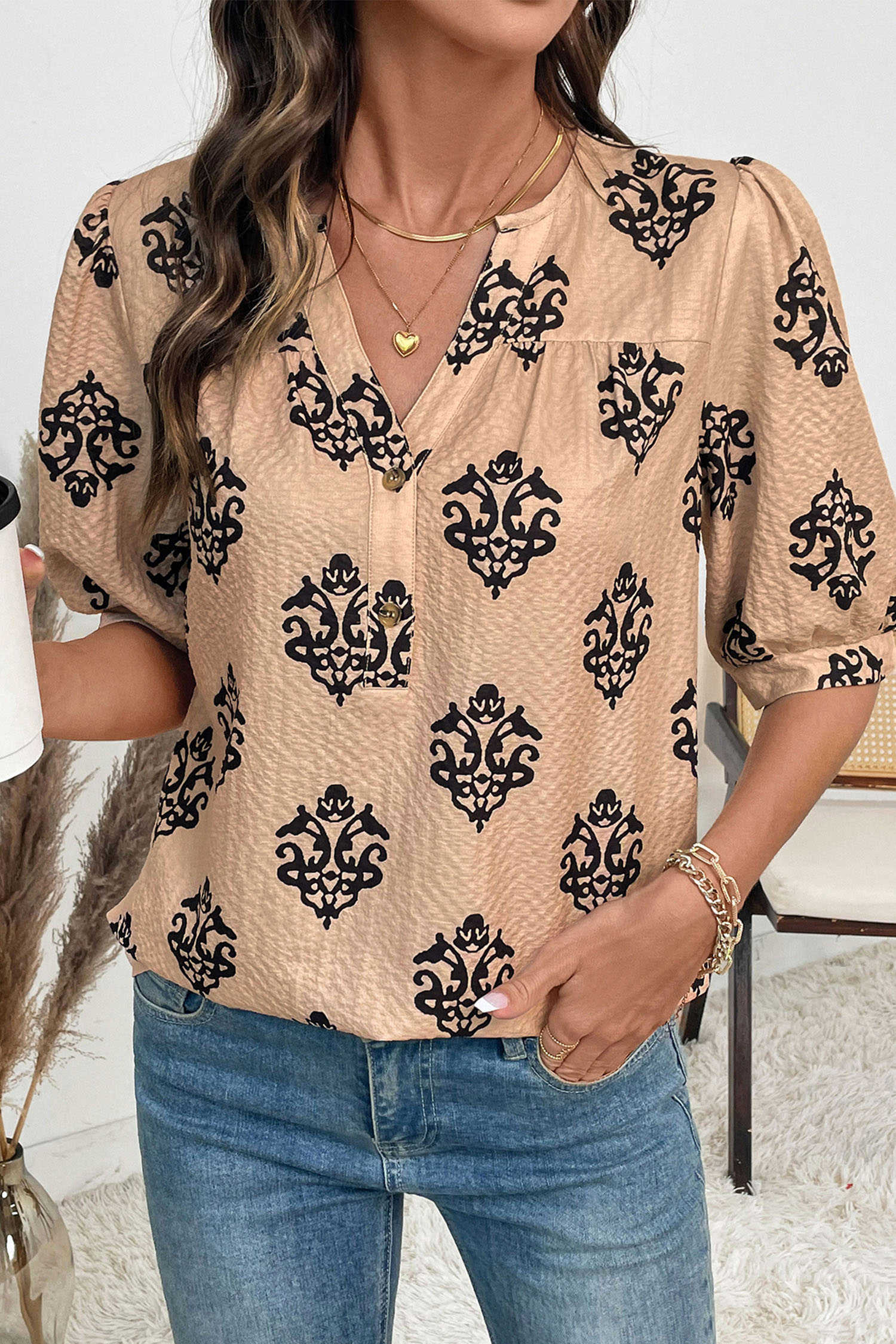 Apricot Floral Print Half Button Puff Sleeve Blouse