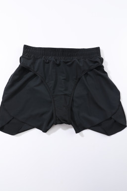 Black Solid Color 2-in-1 Drawstring Elastic Waist Swim Shorts
