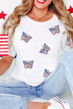 White Patriotic Sequin Butterfly Casual T Shirt