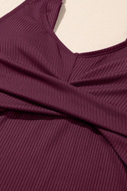 Burgundy Ribbed Knit Crossed Detail Tank Skort 2pcs Swimsuit