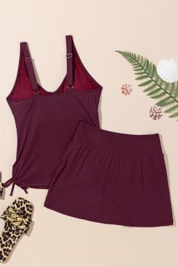 Burgundy Ribbed Knit Crossed Detail Tank Skort 2pcs Swimsuit