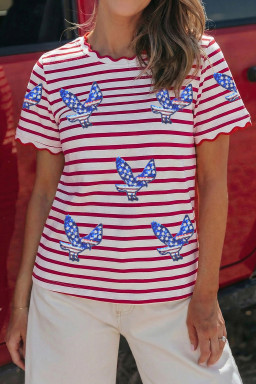 Red Stripe Patriotic Eagle Sequin Striped T-Shirt