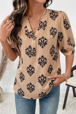 Apricot Floral Print Half Button Puff Sleeve Blouse