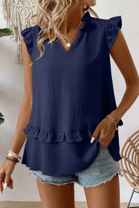 Navy Blue Notched V Neck Ruffle Detail Tank Top