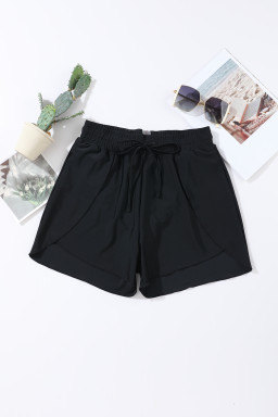 Black Solid Color 2-in-1 Drawstring Elastic Waist Swim Shorts
