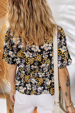 Black Floral Print V Neck Smocked Babydoll Blouse