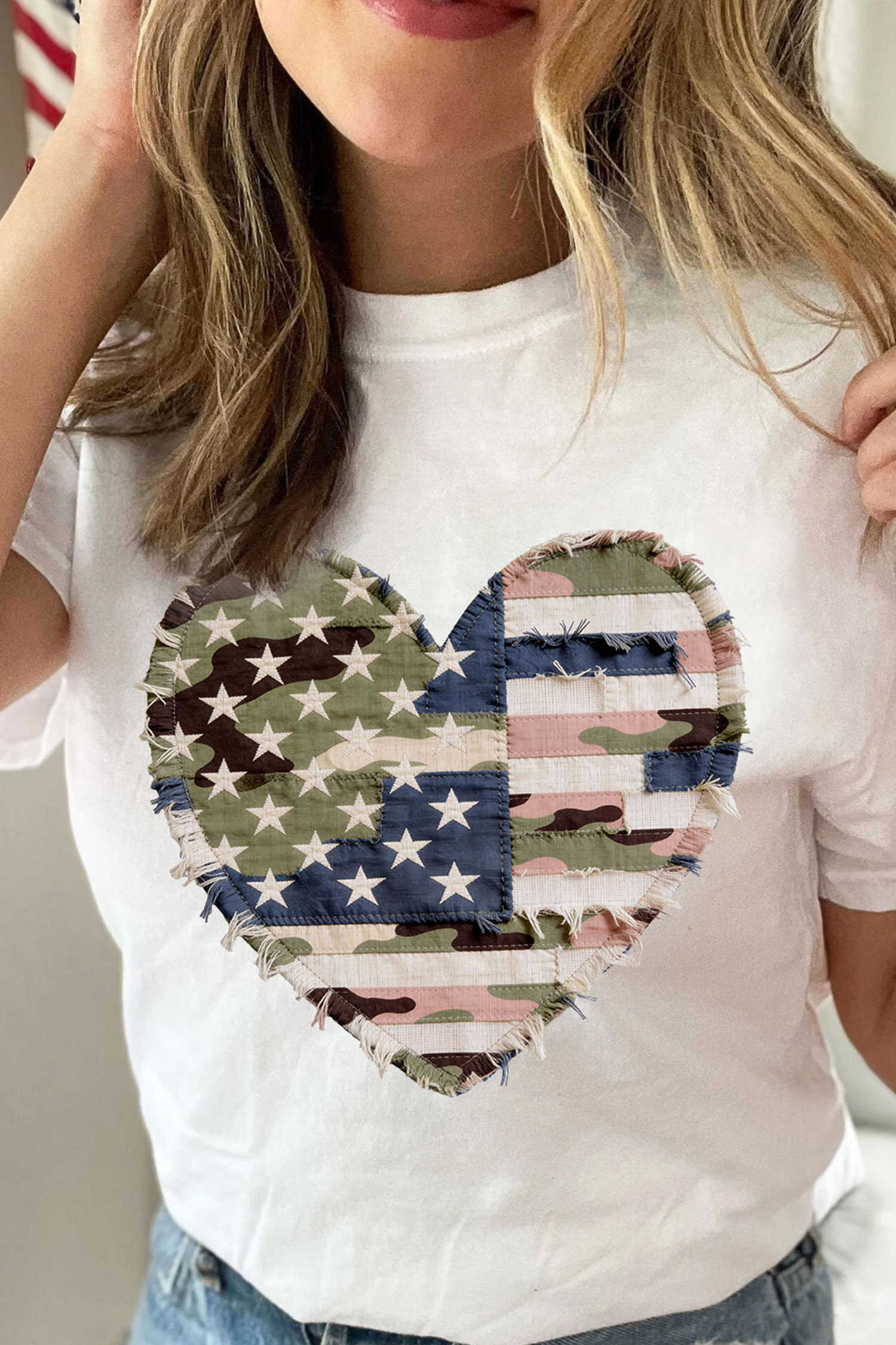 White Patriotic Heart Graphic Tee with USA Flag and Camo Print