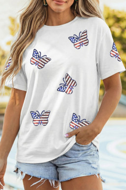 White Patriotic Sequin Butterfly Casual T Shirt