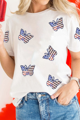 White Patriotic Sequin Butterfly Casual T Shirt