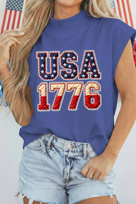 Sky Blue Patriotic USA 1776 Graphic Muscle Tee with Vintage Flag Print