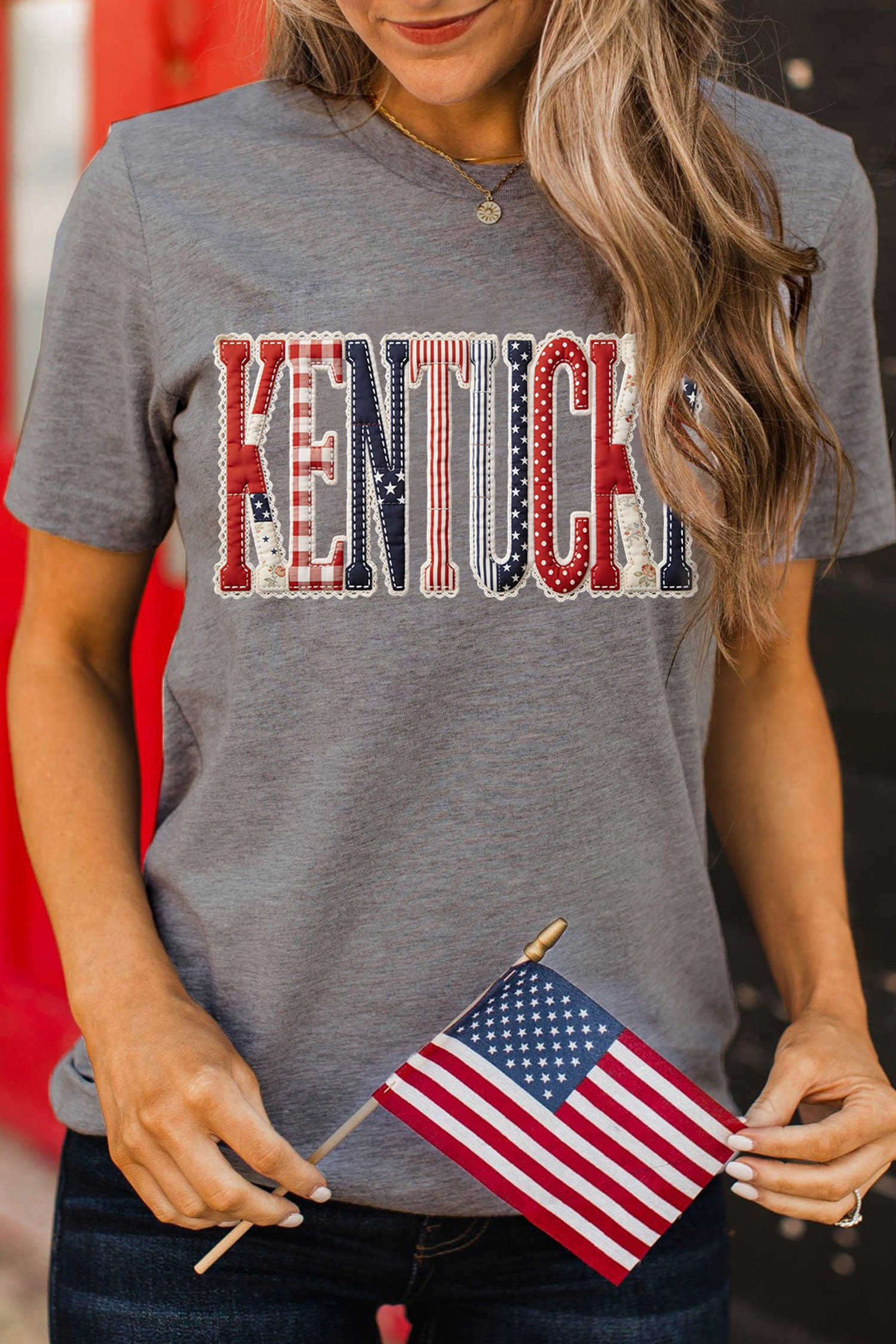 Gray KENTUCKY Mix Pattern Printed Patriotic Tee