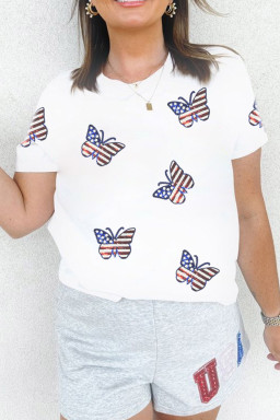 White Patriotic Sequin Butterfly Casual T Shirt