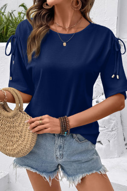 Navy Blue Solid Color Drawstring Shoulder Detail Crew Neck Tee