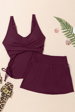 Burgundy Ribbed Knit Crossed Detail Tank Skort 2pcs Swimsuit