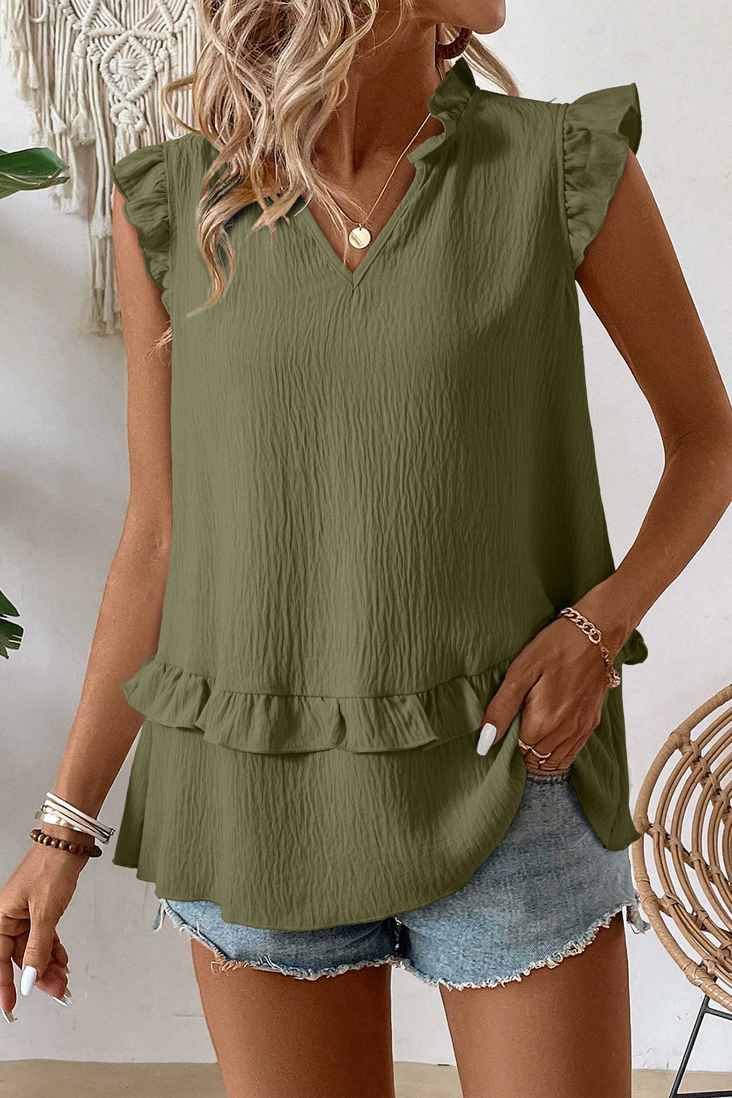 Four Leaf Clover Notched V Neck Ruffle Detail Tank Top