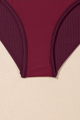 Burgundy Ribbed Knit Crossed Detail Tank Skort 2pcs Swimsuit