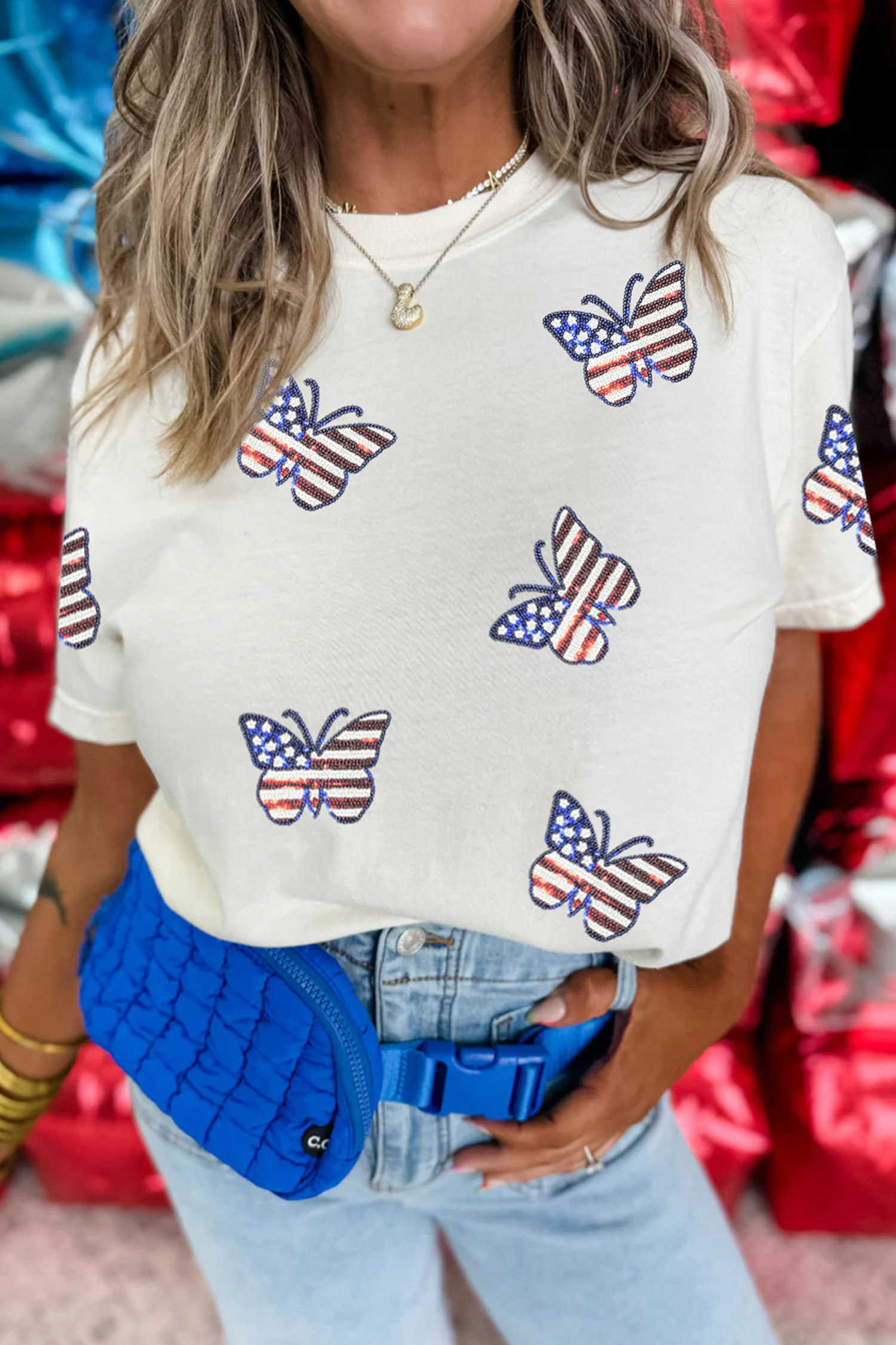 White Patriotic Sequin Butterfly Casual T Shirt
