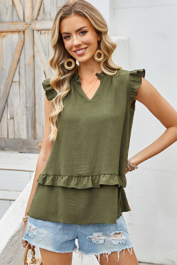Four Leaf Clover Notched V Neck Ruffle Detail Tank Top