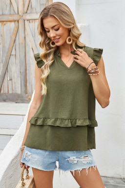 Four Leaf Clover Notched V Neck Ruffle Detail Tank Top