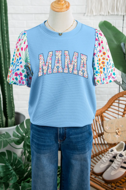 Light Blue Floral Sleeve Mama Graphic Top with Textured Knit