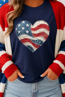 Blue Patriotic Denim Heart Graphic T-Shirt