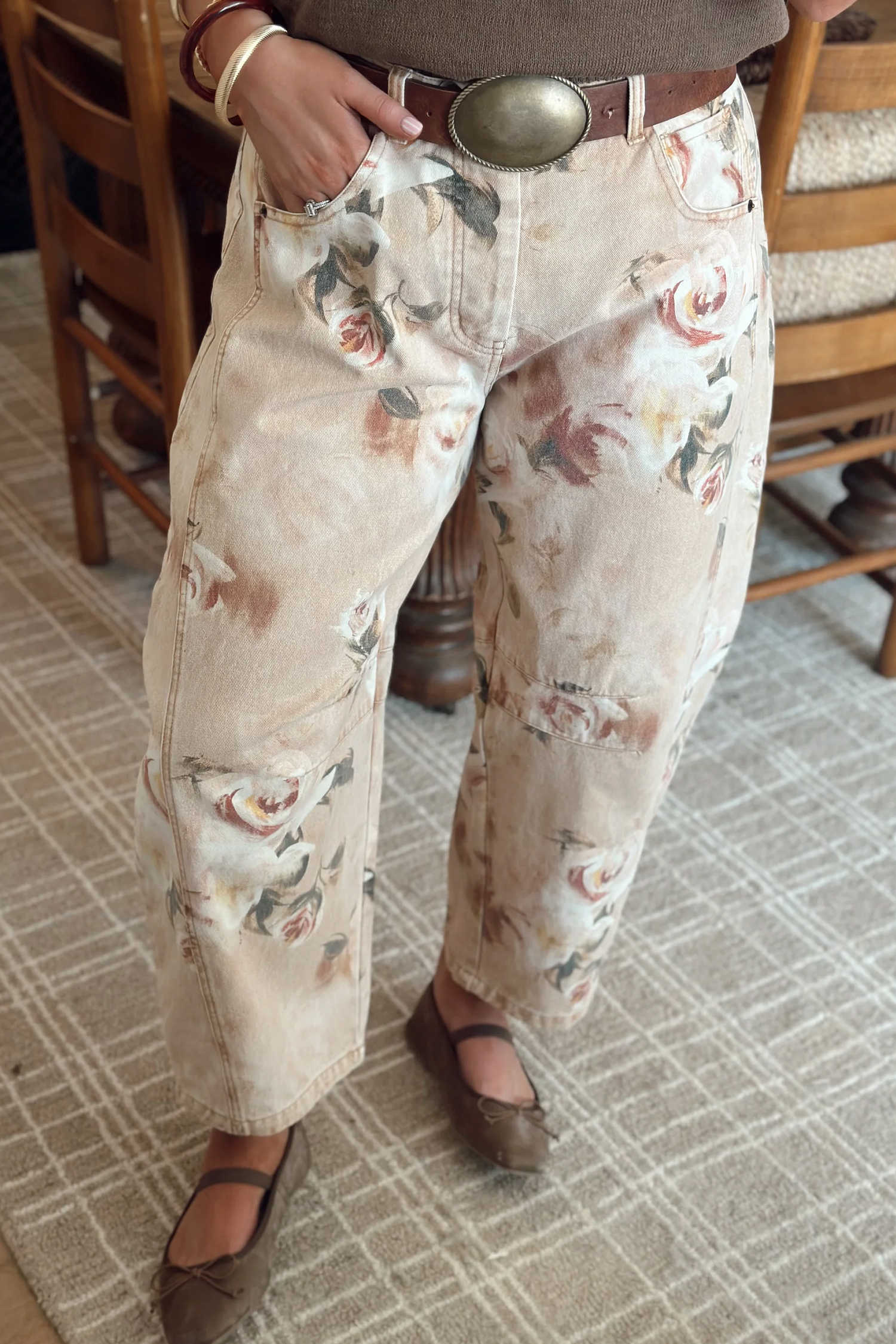 Khaki Retro Rose Floral Shift Jeans