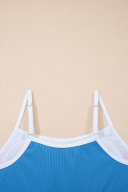 Dusk Blue Color Block Edge Ribbed Pocketed Lined Swim Dress