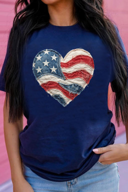 Blue Patriotic Denim Heart Graphic T-Shirt